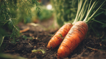 Freshly-Harvested-Carrots-Still-Covered-in-Soil-in-Garden-Bedの素材