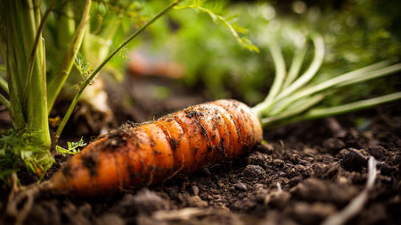 Freshly-harvested-organic-carrot-lies-in-rich-soil-after-being-pulledの素材