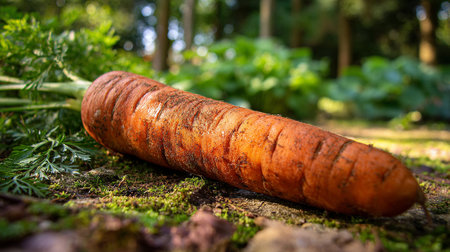 Freshly-Picked-Carrot-Resting-on-Mossy-Ground-in-Natural-Sunlightの素材