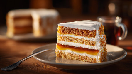 Tempting Slice of Honey Cake with Coffee on a Rustic Tableの素材
