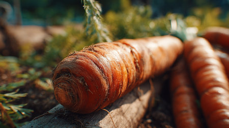 Freshly-harvested-carrots-lie-on-the-ground,-rustic-and-organic.の素材