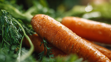 Fresh-carrots-with-dew-drops-nestled-among-the-leafy-green-tops.の素材