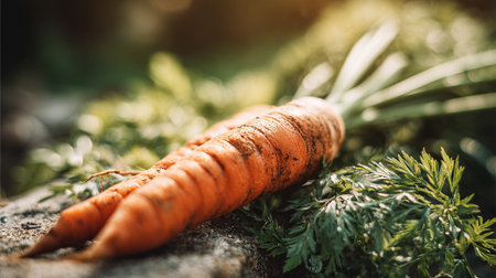 Freshly-Harvested-Carrots-Displayed-Amongst-Greenery-and-Earthy-Tones-in-Natural-Lightの素材