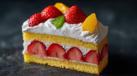 Delightful Slice of Strawberry Shortcake with Orange and Mint Garnishesの素材