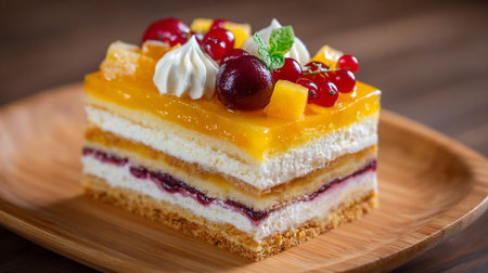Exquisite layered dessert slice topped with vibrant fruits and delicious whipped creamの素材