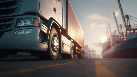 Modern Transport Truck at Port with Dramatic Sunset and Shipping Cranesの素材