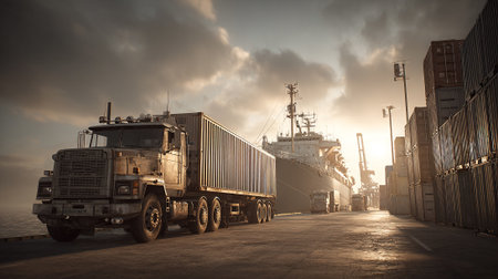 Modern Freight Truck Delivering Cargo at Port Against a Large Shipの素材