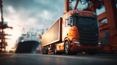 Scania Truck Transporting a Cargo Container at Port During Golden Hourの素材