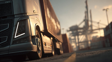 Powerful Silver Semi-Truck Driving Through Busy Port with Cargo Ship Visibleの素材