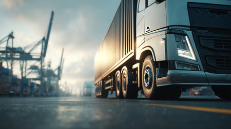 Modern logistics and global delivery showcase with a transport truck and airplaneの素材