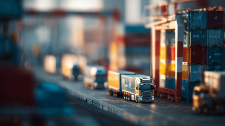 Commercial Freight Truck Hauling Cargo Containers at Port Terminal with Setting Sunの素材