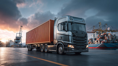 Transport truck delivering cargo containers in a modern port at sunsetの素材