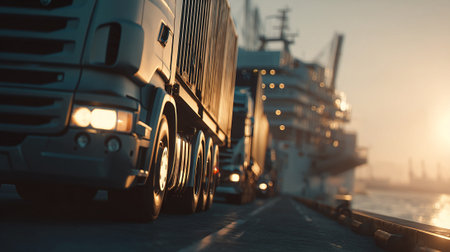 Sleek semi-truck hauling cargo at the harbor under an impressive evening skyの素材
