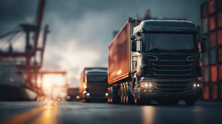Miniature Shipping Scene with Cargo Trucks and Container Ship Near Portの素材
