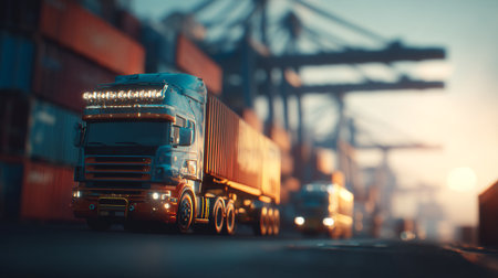 Cargo Transportation: Truck Delivering Freight at Port Alongside Cargo Ship at Sunriseの素材