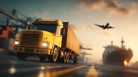 Modern Commercial Truck Transporting Cargo at Port Against Overcast Skyの素材