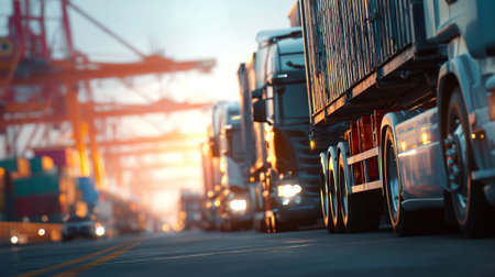 Streamlined Logistics: A Modern Truck Transports Goods at a Bustling Shipping Port.の素材