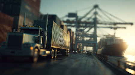 Modern Black Semi-Truck Delivering Cargo at Dusk in an Industrial Portの素材