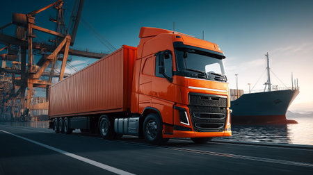 Dramatic logistics scene showcasing a modern cargo truck under a colorful skyの素材