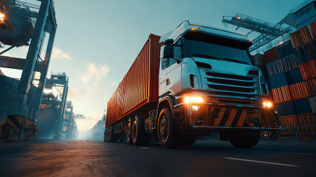Modern truck delivering container in industrial port at sunrise or sunset.の素材