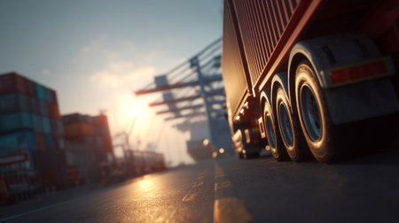 A Large Truck with Cargo Container at a Busy Port Facilityの素材