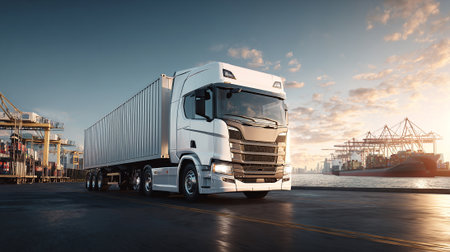 Streamlined logistics: A truck and airplane showcase modern global supply chainの素材