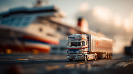 Modern Delivery: Gray Truck Transporting Cargo at Port with a Large Shipの素材