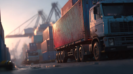 Red Semi-Truck Delivering Cargo at Industrial Port During Sunset Hourの素材