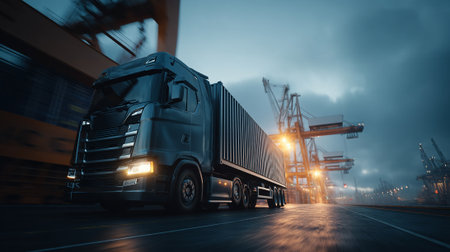 Modern Semi-Truck Standing in a Port Ready for Cargo Transportの素材