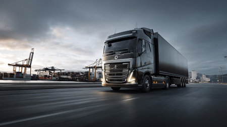 Silver Semi-Truck at Port Terminal Ready for Transportation, Waiting for Cargoの素材