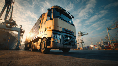 Modern Semi-Truck Ready for Transport in a Busy Shipping Port Terminalの素材