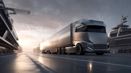 Modern Semi Truck on a Waterfront Road with a Luxury Cruise Shipの素材