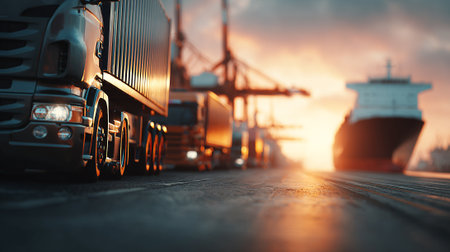 Futuristic Electric Truck Parked on a Naval Ship Under Cloudy Skiesの素材
