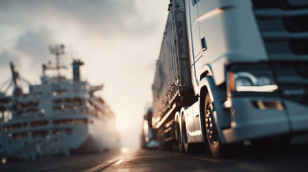 Modern orange semi-truck hauling cargo container in busy industrial port areaの素材