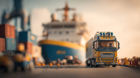 Modern Delivery Truck Transporting Cargo Container at Port During Beautiful Sunsetの素材