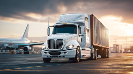 Modern Orange Semi-Truck with Cargo Container at a Busy Industrial Portの素材