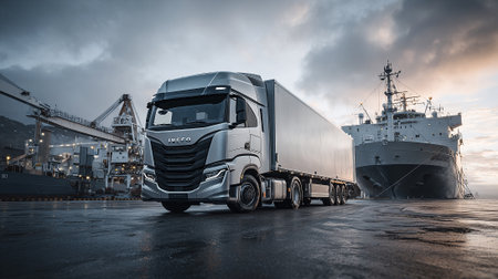 Modern Truck Ready for Transportation, Maritime Logistics, and International Delivery Solutionsの素材