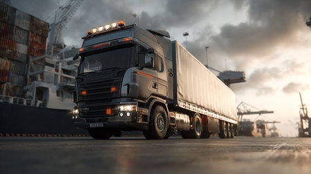 Modern semi-truck carrying cargo container driving fast at dusk near shipping portの素材