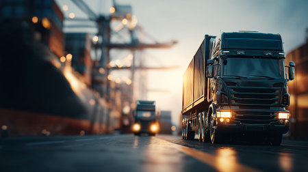 Powerful container truck at dock on a commercial industrial harbor site.の素材