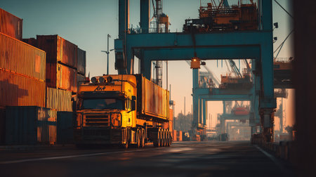 Futuristic Semi-Truck Loaded at Port with Large Ship in the Backgroundの素材