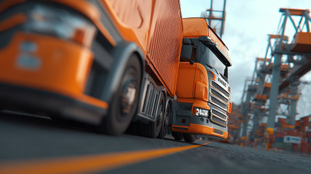 Transportation Truck Moving Cargo Containers Through Shipping Port Delivering Goodsの素材