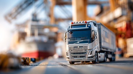 Orange cargo truck on a logistics transport dock with a cloudy skyの素材
