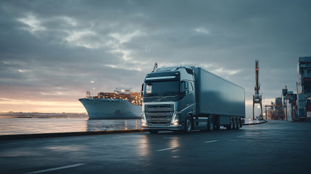 Modern Yellow Semi-Truck Transporting Cargo at a Port with Moody Atmosphereの素材