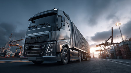Modern Silver Semi-Trailer Truck Parked at Commercial Dock with Overcast Skyの素材