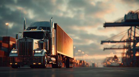 Transport trucks in a busy commercial harbor during a vibrant sunrise.の素材