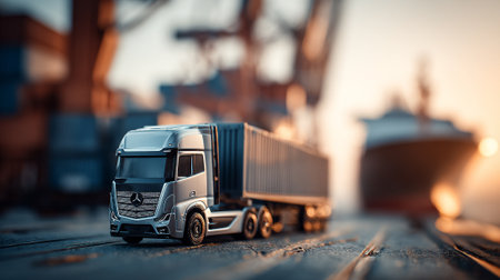 Futuristic Truck Transporting Goods at a Port with Cranes and Containers.の素材