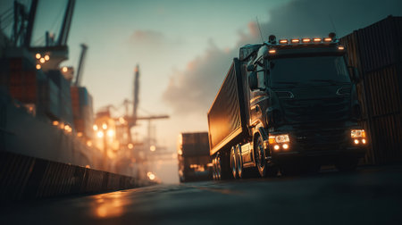 Orange Scania Truck Transporting Cargo Containers at a Port Ready for Shipmentの素材