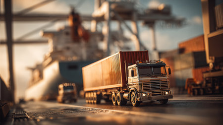 Heavy transport truck against a dramatic sunset at a busy shipping portの素材
