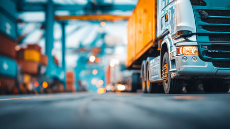 Global Trade: Transportation Truck Delivering Cargo Containers at a Busy Portの素材