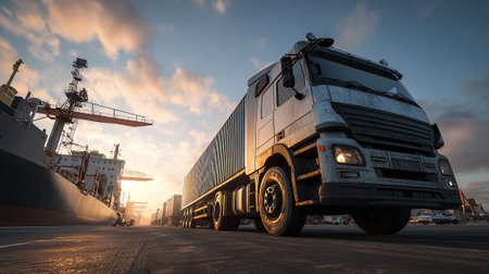 Sleek Semi-Truck at Port Ready for Global Logistics Operationsの素材